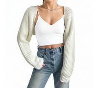 Fuimsul Women Open Front Ribbed Knit Crop Bolero Drop Shoulder Long Sleeve Solid Loose Fit Knitted Crop Cardigan Shrug, White, L