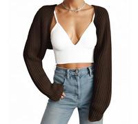 Fuimsul Women Open Front Ribbed Knit Crop Bolero Drop Shoulder Long Sleeve Solid Loose Fit Knitted Crop Cardigan Shrug, Brown, L