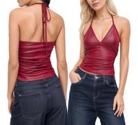 Fuimsul Women Sexy Pu Leather Tie Back Halter Top Summer Slim Fit Ruched Side Deep V Neck Sleeveless Backless Cami Shirt, Red, M