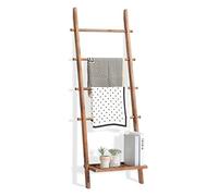 FUIN 5ft Wood Blanket Ladder with Bottom Shelf for Living Room Decorative Wall Leaning Farmhouse Quilt Display Holder Storage Rustic Wooden Towel Rack for Bathroom, Light Brown