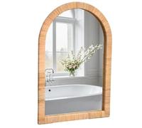 FUIN Boho Rattan Wall Mirror 20×30 Inch Arched Natural Rattan Frame - Farmhouse Bathroom Vanity Mirror - Wicker Decorative Hanging Mirror for Living Room, Bedroom, Entryway