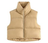 fuinloth Womens Gilets Padded Vest Ladies High Stand Collar Lightweight Zip Cropped Puffer Gilets Khaki S 8-10