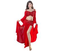 FUIPOT Belly Dance Costumes for Women Belly Dancing Skirt Shiny Tulle Flare Sleeve Crop Top Diamond-Encrusted Suit Set Belly Slit Dance Skirt Chiffon Dress Halloween Dress Outfit,Red,M