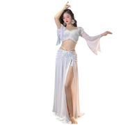 FUIPOT Belly Dance Costumes for Women Belly Dancing Skirt Shiny Tulle Flare Sleeve Crop Top Diamond-Encrusted Suit Set Belly Slit Dance Skirt Chiffon Dress Halloween Dress Outfit,White,XL