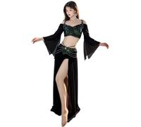 FUIPOT Belly Dance Costumes for Women Belly Dancing Skirt Shiny Tulle Flare Sleeve Crop Top Diamond-Encrusted Suit Set Belly Slit Dance Skirt Chiffon Dress Halloween Dress Outfit,Black,L