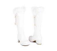 FUIPOT Knee High Boots, Round Head Low Heel Side Zipper Snow Boots Short Plush Lining Long Boots Fur Boots Edge Autumn Winter Shoes Woman,White,6 UK