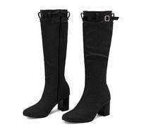 FUIPOT Mid Calf Boots, Knee High Boots for Women Small Square Toe Medium Thick Heels Side Zipper Ladies' Suede Large Size Long Calf Fashion Boots Heel Height 7cm,Black,4.5 UK