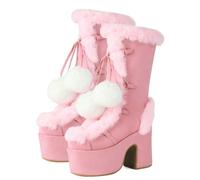 FUIPOT Straight Boots, Snow Boots for Women Round Toe Thick Sole High Heel Side Zipper Front Lace-Up Plush Warm Snow Boots Furry and Comfortable Women's Boots,Pink,8 UK