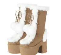 FUIPOT Straight Boots, Snow Boots for Women Round Toe Thick Sole High Heel Side Zipper Front Lace-Up Plush Warm Snow Boots Furry and Comfortable Women's Boots,Brown,5 UK
