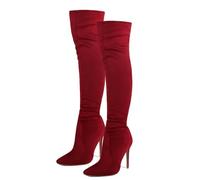 FUIPOT Straight Long Boots, Women's Over-The-Knee Boots Pointed Toe Stiletto Suede Pull-On Elastic Large Size Women's Boots Velvet Warm Slim Fit Fashion Boots,Red,9 UK