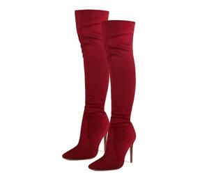 FUIPOT Straight Long Boots, Women's Over-The-Knee Boots Pointed Toe Stiletto Suede Pull-On Elastic Large Size Women's Boots Velvet Warm Slim Fit Fashion Boots,Red,9 UK