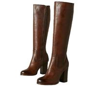 FUIPOT Straight Mid Length Boots, Women's Knee High Boots Round Toe Thick High Heels Side Zipper Boots Women's Large Size Patent Leather Slim Fit Fashionable Boots,Brown,4.5 UK