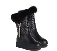 FUIPOT Thick Soled Zip Up Snow Boots, Fleece Lined Warm Straight Boots Rhombus Collar Fur Edge Short Boots Metal Decorative Fashion Water Proof Boots,Black,7 UK