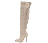 FUIPOT Women's Rhinestone Over The Knee Boots Sexy Thigh High Boots Glitter Pointed Toe Diamond Stiletto High Heels Side Zipper Knee High Boots Fashion Party Dress Long Boots,Apricot,5 UK