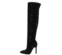 FUIPOT Women's Rhinestone Over The Knee Boots Sexy Thigh High Boots Glitter Pointed Toe Diamond Stiletto High Heels Side Zipper Knee High Boots Fashion Party Dress Long Boots,Black,12 UK