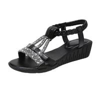 FUIPOT Women's Strappy Sandals Wedge Rhinestone Bohemian Sandals Summer Ladies Soft Lightweight Sandals Flat Sandals Shoes for Outdoor Beach Flip Flops,Black,12 UK