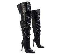 FUIPOT Women's Super High Heeled Over The Knee Boots 10.5Cm/4.13Inthigh High Pointed Toe Stiletto Sexy PU Leather Long Boots Sexy Pole Dance Boots Side Zip,Black,11 UK