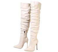 FUIPOT Women's Thigh High Boots Over The Knee High Boots Inner Zipper Pointed Toe Stiletto Knee High Boots PU Leather Sexy High Heels Fashion Long Boots,White,12 UK