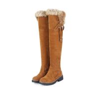 FUIPOT Women's Velvet Over The Knee Boots, Straight Lace Up Boots Round Toe Low Heeled Boots Large Size Women's Shoes Warm Fur Lined Lightweight Outdoor High Boots,Yellow,5 UK