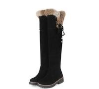 FUIPOT Women's Velvet Over The Knee Boots, Straight Lace Up Boots Round Toe Low Heeled Boots Large Size Women's Shoes Warm Fur Lined Lightweight Outdoor High Boots,Black,6 UK