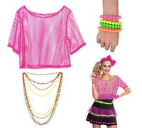 FUIPVG 80s Neon Fancy Dress Costume Accessories Set,Neon Multi Beads, Pack Includes Pink, Yellow, Green & Orange Beads,1980s Retro Theme Party Decoration,Ideal for Festivals,Parties (pink)