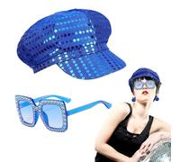 FUIPVGI 2 Pcs 70s Sequin Hat, Abba Disco Accessories, Unisex Disco Party Hats, Disco Adults Cap w Sunglasses, 70s Style Shinny Blue Disco Costume Set, for Women Girls Theme Party Birthday Dess up