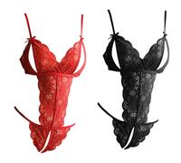 FUIPVGI 2 Pcs Sexy Lingerie for Women Sets, Sexy Lingerie w Lace Women's Bodysuit, Women's One Piece Lace Bodysuit, Naughty Lingerie Deep V-Neck, Floral Teddy Jumpsuit Underwear (Black Red, One Size)
