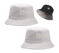 FUIPVGI 2 Pieces Bucket Hats,Black+Beige Double-Side-Wear Sun Hats,Daisy Embroidery Bucket Hat, Reversible Breathable Cotton Beach Cap Foldable Double-Side Hat for Girls Woman Shopping Hiking(2 PCS)