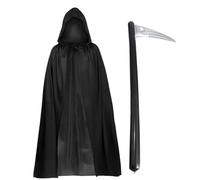 FUIPVGI 2 Pieces Grim Reaper Costume,140cm Long Black Hooded Cloak Inflatable Sickle,Mysterious Horror Reaper Costumes for Halloween Dress Up for Kid and Adult Halloween Party Fancy Dress (2 PCS)
