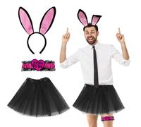 FUIPVGI 3 Pcs JGA Outfit Men's Set Men's Hen Party Costume Set, Bunny Ears Headband, Groom Garter for Stag Night, Wedding Spoof, JGA Party Accessories (Black)