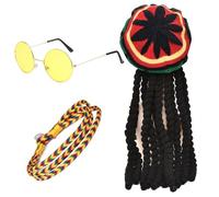 FUIPVGI 3 Pcs Rasta Set, Rasta Hat with Black Dreadlocks Wig, Yellow Glasses, Braided Bracelet, Jamaican Dreadlocks Wig, Caribbean Fancy Dress Costume for Parties, Cosplay, Masquerade (Multicolor)