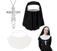 FUIPVGI 3 Pieces Halloween Nun Costumes for Women Include Black Nun Headpiece Crossing Necklace Collar Accessories, Nuns Dress Up Costumes for Halloween Cosplay Accessories (Black)