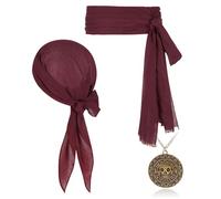 FUIPVGI 3 Pieces Pirate Accessories,Medieval Costume Accessory Set,Pirate Bandana and Sash Belt Skull Necklace,pirate Costume for Halloween Captain costume Carnival (Wine Red)