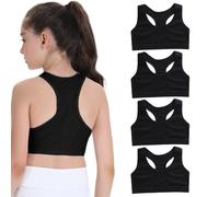 FUIPVGI 4 Pack Girls Bra, Crop Tops for Girls, Soft Comfortable Cotton Girl Sports Bras Kids Underwear Non Padded Training Bras for Girl Kids Teens 9-14 Years (Black)