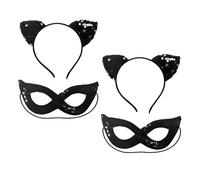 FUIPVGI 4 Pcs Cat Mask and Ears Headband Set - Sequin Ears, Eye Mask, Venetian Masquerade Masks for Halloween Carnival Cosplay (Black)