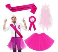 FUIPVGI 4 Pcs JGA Outfit Men's Set Hen Party Costume Set, Tutu Men and Miss Groom Sash, Best Husband Badge, Veil Crown Headband, for Stag Night Stag Party, Wedding Spoof (Pink)