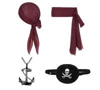 FUIPVGI 4 Pcs Pirate Captain Costume Accessories, Pirate Bandana and Sash Belt, Eye Patch and Anchor Pendant Chain, Renaissance Captain Costume for Halloween Party (Wine Red)