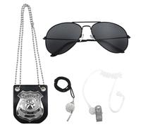 FUIPVGI 4 Pcs Police Officer Costume Accessories Set - Sunglasses, Whistle, Badge for Boys and Girls Aged 3-7 Years Old - Fancy Dress, Halloween, Birthdays (Silver)