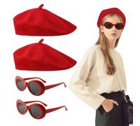 FUIPVGI 4 Piece French Women set, French Women Fancy Dress Costume Accessories Set 1940s Vintage Classic French Beret Hat Sunglasses, French Artist Mime Kit for Girls Cosplay Party Supplies (Red)