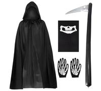 FUIPVGI 4 Pieces Grim Reaper Costume,Mysterious Horror Reaper Costumes, 140cm Long Black Hooded Cloak Skull Face Mask Skull Gloves Inflatable Sickle Accessories,Costumes for Halloween Cosplay (Black)