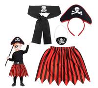 FUIPVGI 4 Pieces Kids Pirate Costume, Girls Deckhand Sea Captain Fancy Dress with Pirate Headband Eyepatch Skull Belt Tutu Skirt for Carnival Cosplay Halloween Costume Accessories (Red)