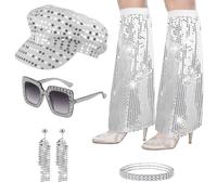 FUIPVGI 5 Pcs 70s Disco Abba Accessories, 1970s Sequin Women Accessories with Abba Hat Bling Sunglasses Earrings Bracelet Leg Warmers for Retro Disco Theme Party Carnival Party Dance Show (Silver)