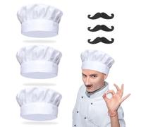 FUIPVGI 6 Pcs Chef's Hat + Black Moustache, Adult Fancy Dress Set, Unisex Cooking Pastry Restaurant Baker Costume Kit With Cap (Black, White)
