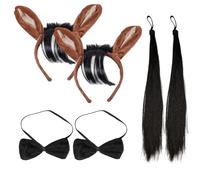 FUIPVGI 6 Pcs Horse Ears on Head band and Tail Bow Tie Set, Farm Plush Donkey Cow Sheep Christmas Headband,Bull Horns Costume Set, for Kid Adults Christmas Children's Day Farm Party Halloween (Brown)