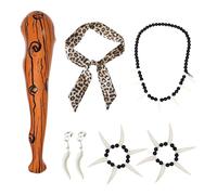 FUIPVGI 6 Pieces Wild Caveman Costumes Inflatable Wooden Stick Ivory Necklace Bracelet Leopard Headband Earrings Cave Costume accessories for Stone age Halloween Costumes(6pcs)