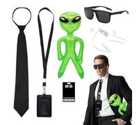 FUIPVGI 7 Pack Agent Costume Accessories Set,Secret Service Costume Spy Costume Accessories with Green Inflatable Aliens Sunglasses ID Card Tie Card Holder Fake Earpiece for Cosplay Party (Black)