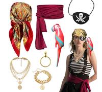 FUIPVGI 7 Pcs Costume Accessories Set for Women, Medieval Pirate Costume Accessory Set, Headscarf,Pirate Belt, Earring, Eye Patch, Necklace, Bracelet, Inflatable Parrot for Halloween Pirate Party(7Pcs