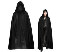 FUIPVGI Black Hooded Cloak, 67" Long Cape Grim Reaper Vampire Witch Hooded Robe Cloak, Cosplay Costume for Carnival Halloween Fancy Dress Wizard Costume (Black)