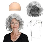 FUIPVGI Old Lady Fancy Dress Set,Grey Granny Wig Set with Granny Wig Glasses with Chain Accessories Kit,Grandma Wig Cap for Halloween World Book Day Masquerade Carnival. (grey)