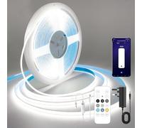 FUIQI COB LED Strip 10M,Dimmable Dotless LED Strip Lights with Smart App and Remote,24V Cool White 6000K with Power Supply,8mm Wide,CRI>90 LED Lights for Indoor Room,Kitchen,cabinets,Mirrors
